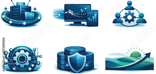 Symbolic Operational Icons. wcasing scalable and resilient execution, six symbolic objects arranged in two horizontal rows with