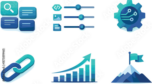 SEO Optimization Icons. Organic growth composition expressing structured search optimization, six symbolic objects arranged in two