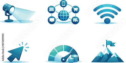 Promotional Reach Visualized. Visibility-focused composition expressing scalable online promotional reach, six symbolic objects