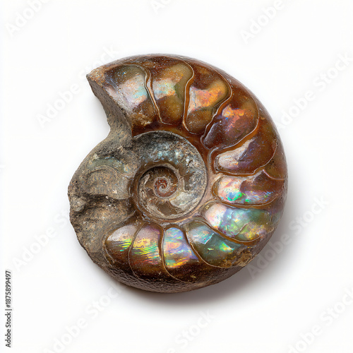 Fossilized Ammonite Shell with Iridescent Colors and Spiral Pattern