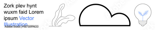 Innovation, design, environment, cloud storage, creativity, and sustainability. Minimalist black and white icons of a cloud, leaf and light bulb. Innovation and design concepts