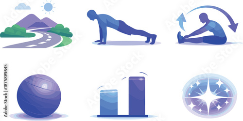 Wellness Training Infographic. Wellness training infographic-style scene communicating healthy physical activity, six symbolic