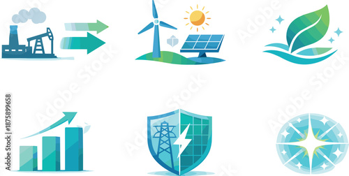 Sustainable Energy Transition. Sustainable power infographic-style scene communicating renewable transition, six symbolic objects