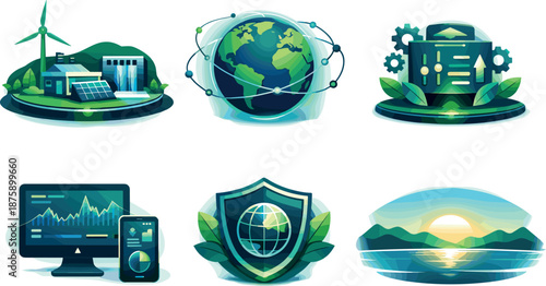 Sustainable Ecosystem Illustration. End-to-end renewable resources ecosystem illustration showcasing long-term environmental