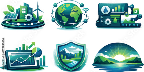 Eco Responsibility Symbols. End-to-end environmental responsibility ecosystem illustration showcasing long-term planetary care,