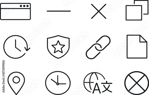 Icon Grid Symphony. Line style icons of Live chat window: window, minimize, close, resize; history, badge, link, file; location,