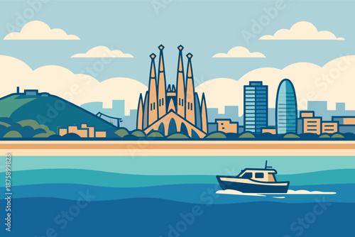 Barcelona Coastal Panorama. Barcelona coast: Sagrada Familia spires mid, Montjuic hill left, modern blocks right, small boat on