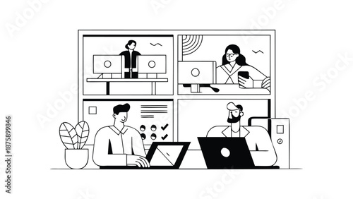 Remote team collaboration with people working on laptops and computers