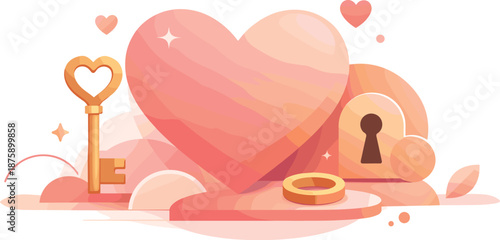 Key to Heart. Abstract heart and key elements arranged into a symbolic romantic composition, modern flat vector illustration