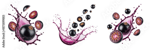 Vászonkép Black currant fruit Ribes nigrum, black currant with juice splash, cassis europe