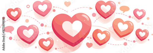 Floating Heart Symbols. Playful heart-shaped like symbols drifting in a light social interaction pattern, modern flat vector