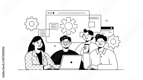 Diverse team collaborating on laptop in modern workspace with coding and web design elements