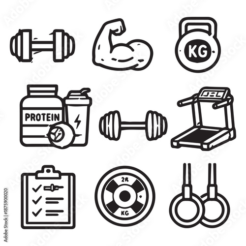 Black outline fitness and gym icon set featuring dumbbell, muscular arm, kettlebell, protein supplement, barbell, treadmill, workout plan, weight plate, and gymnastic rings on white background