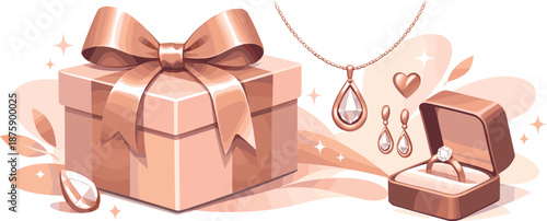 Elegant Jewelry Gift Box. Decorative gift box designed for fine jewelry with refined color harmony and soft shine, modern flat