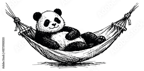Hand drawn line art illustration of a panda in a hammock depicting relaxation and leisure for summer and travel designs