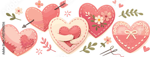 Embroidered Hearts Illustration. Playful handmade hearts decorated with visible embroidery patterns and cozy emotion, modern flat