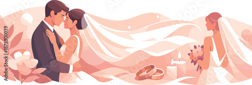 Elegant Bridal Harmony. Soft ceremonial bridal scene suggested through posture, veil movement, and harmony, modern flat vector