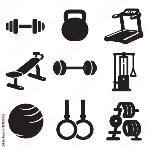 Black silhouette gym equipment icon set including dumbbell, kettlebell, treadmill, bench, cable machine, barbell, exercise ball, rings, and weight rack on white background.