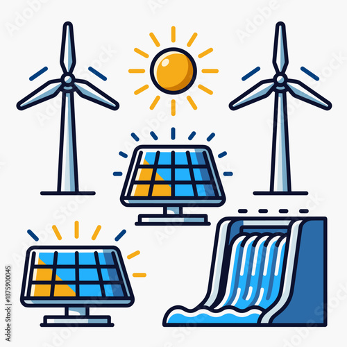 Renewable Energy Icons Set with Wind Turbines, Solar Panels, and Hydroelectric Dam