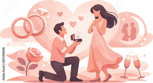 Symbolic Engagement Love. Stylized engagement moment captured through symbolic forms and harmonious spacing, modern flat vector