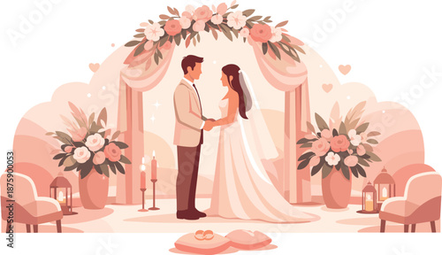 Elegant Love Ceremony. Elegant ceremonial moment captured through posture, spacing, and harmonious decoration, modern flat vector