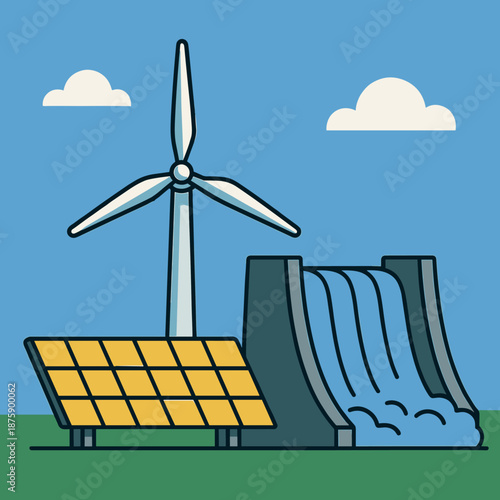 Renewable Energy Sources Illustration with Wind Turbine, Solar Panels, and Hydroelectric Dam