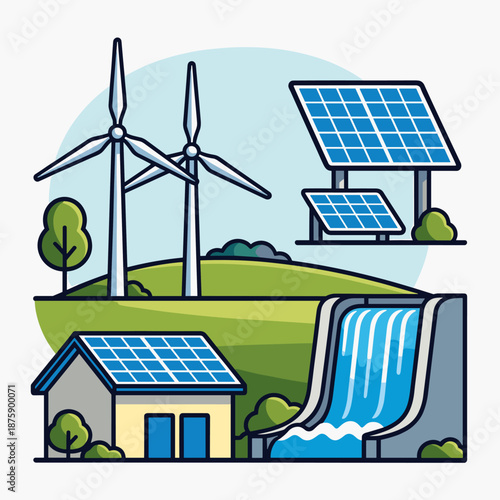 Renewable Energy Sources Illustration with Wind, Solar, and Hydro Power