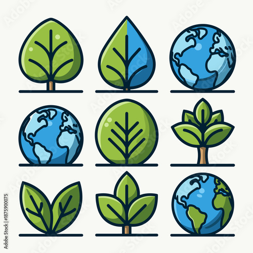 Nature and Ecology Icons Collection Green Leaves, Trees, and Earth Globes