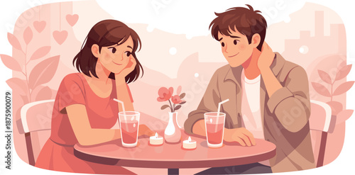 First Date Charm. Awkward-cute moment captured through gentle gestures and tentative posture, modern flat vector illustration