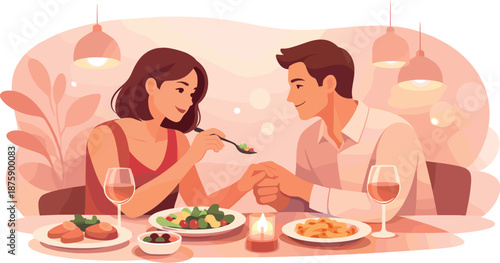 Cozy Dinner Date. Cozy dinner date moment suggested by gentle gestures, shared plates, and warm glow, modern flat vector
