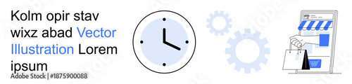 Online business, e-commerce, digital shopping, time management, technology, marketing. Black and white clock, gears and shopping illustrations. E-commerce and digital shopping