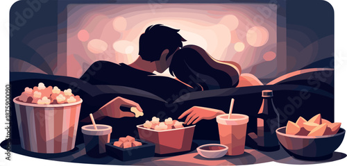 Cozy Movie Night. Cozy film date captured through leaning silhouettes and shared snacks in low light, modern flat vector