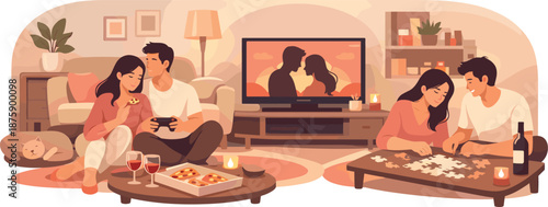 Cozy Home Date. Comfortable home date moment captured with shared activities and gentle evening atmosphere, modern flat vector