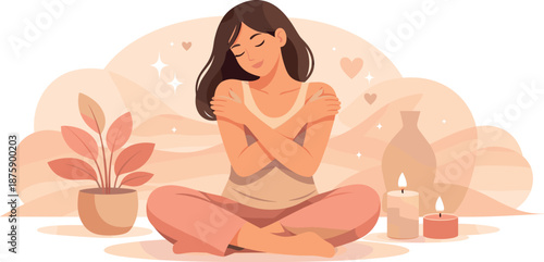 Self-Reflection Serenity. Quiet self-reflection moment captured through calm body language and warm surrounding glow, modern flat