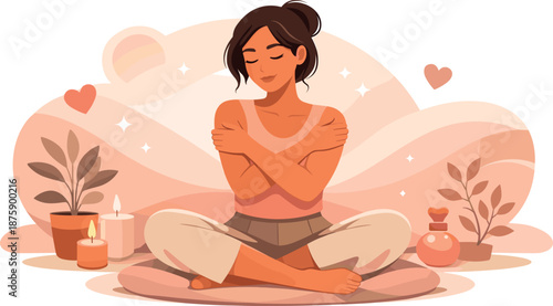 Calm Self-Reflection. Gentle self-reflection moment captured through calm posture and surrounding warmth, modern flat vector