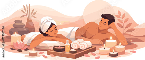 Candlelit Spa Date. Intimate spa moment captured through candlelight, relaxed poses, and soft surrounding warmth, modern flat