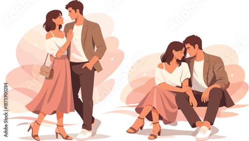 Elegant Couple Fashion. Chic romantic atmosphere captured through elegant poses and fashion-conscious outfit harmony, modern flat