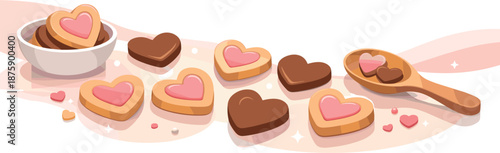 Heart Cookie Delight. Playful dessert moment captured through scattered heart cookies, soft reflections, and gentle glow, modern