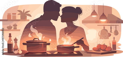 Kitchen Romance Vibes. Cozy cooking moment captured through couple silhouettes, simmering pots, and soft ambient glow, modern flat