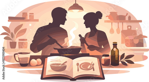 Recipe Love Silhouettes. Cozy cooking moment captured through couple silhouettes, open recipe book, and soft ambient kitchen glow,