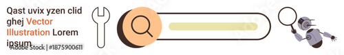 Search functionality, online tools, technology solutions, automation, digital assistance, AI development. Search bar with magnifying glass, wrench icon and robot image. Search functionality
