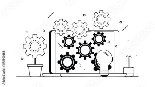 Innovative business concept with gears and light bulb on laptop