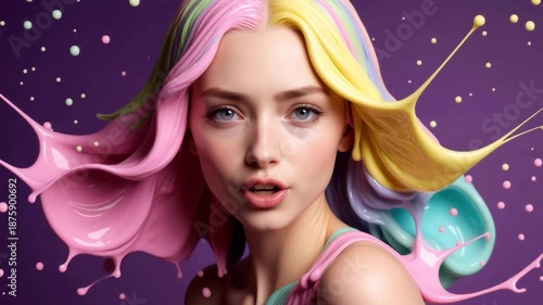 Young woman with wavy hair drenched in vibrant rainbow ice cream in pink, yellow, teal, and green slime drips and splashes wildly as she shakes her head playfully against a deep purple background