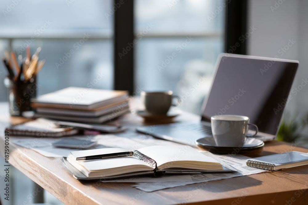 Fototapeta premium Modern Office Workspace with Coffee Cup Notebook and Laptop on Wooden Desk
