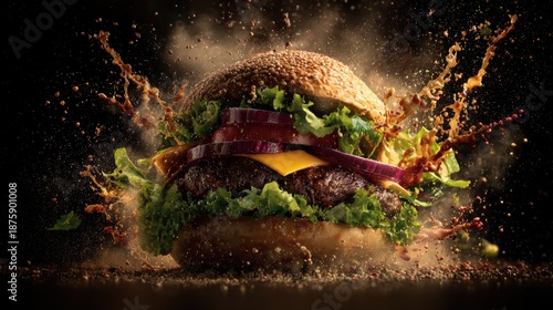 Explosive Burger with Flying Ingredients and Splash Effect on Black Background