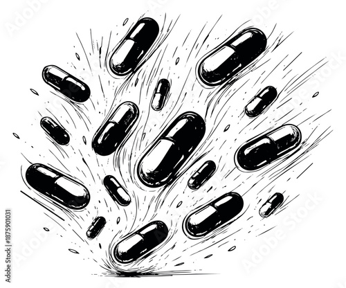 Hand drawn line art medical capsules set featuring multiple pills in dynamic motion for healthcare and wellness concepts