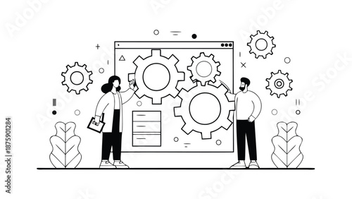 Two business professionals collaborating on a web development project with gear icons