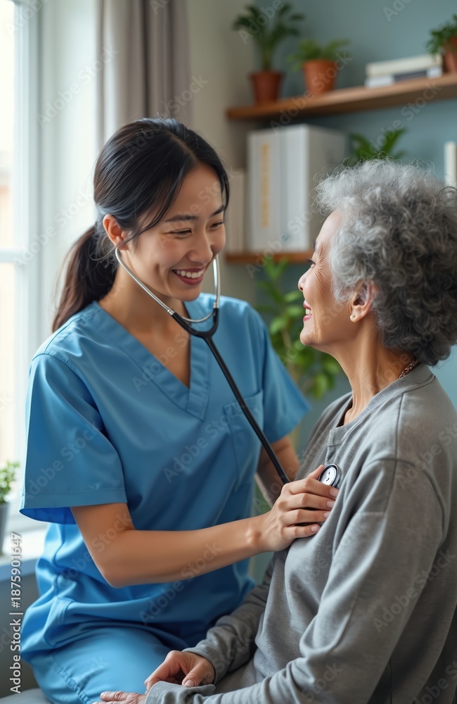 Fototapeta premium Young asian nurse checks heartbeat of elderly asian woman using stethoscope in a home living room. Caregiver smiles kindly, giving support and medical checkup.