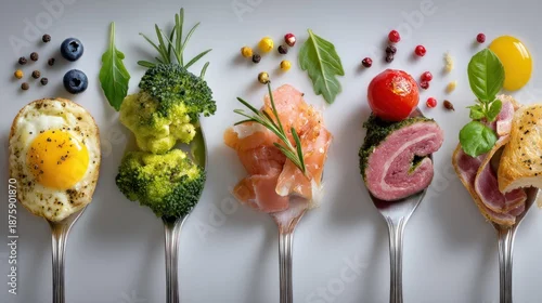 Fototapeta Assortment of gourmet foods served on spoons in a minimalist setting