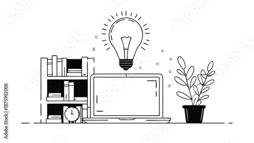 Inspiration strikes with laptop and books in modern workspace